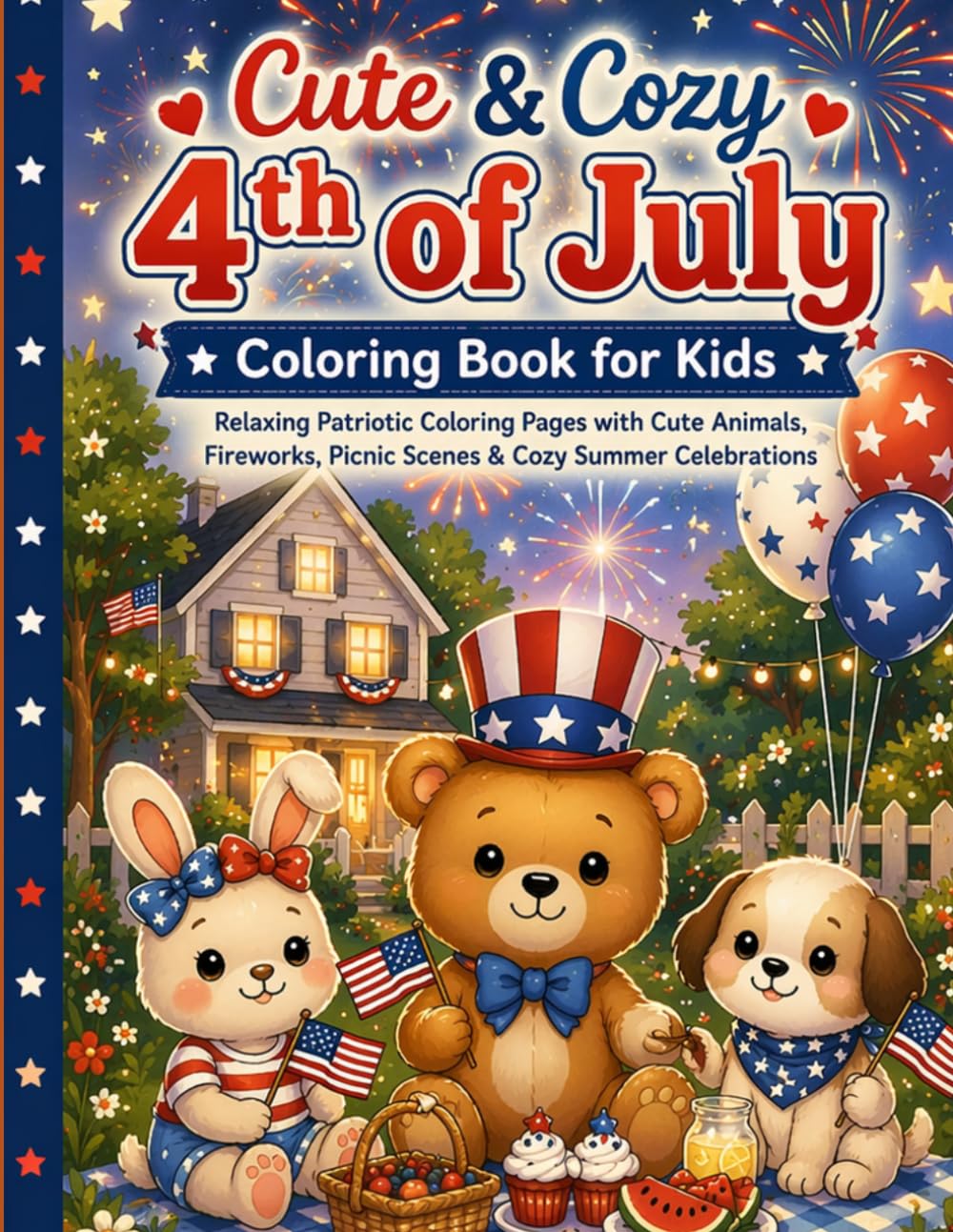 Cute & Cozy 4th of July Coloring Book for Kids: Relaxing Patriotic Coloring Pages with Cute Animals, Fireworks, Picnic Scenes & Cozy Summer Celebrations
