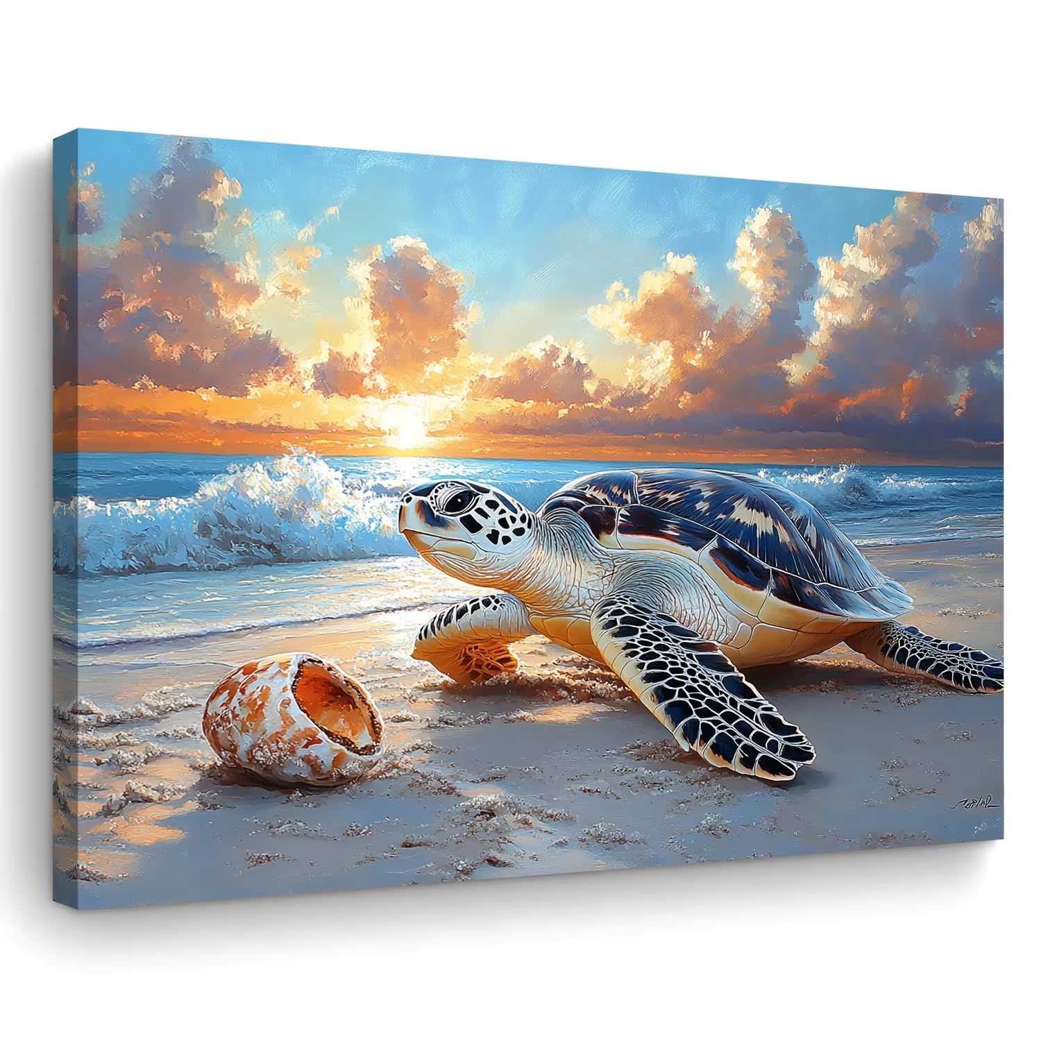 awtrhfc Room Decor Turtle and Conch Canvas Wall Art Print, Ocean Sunset Scene, for Living Room, Bedroom(30x45cm(12x18in)/No frame)