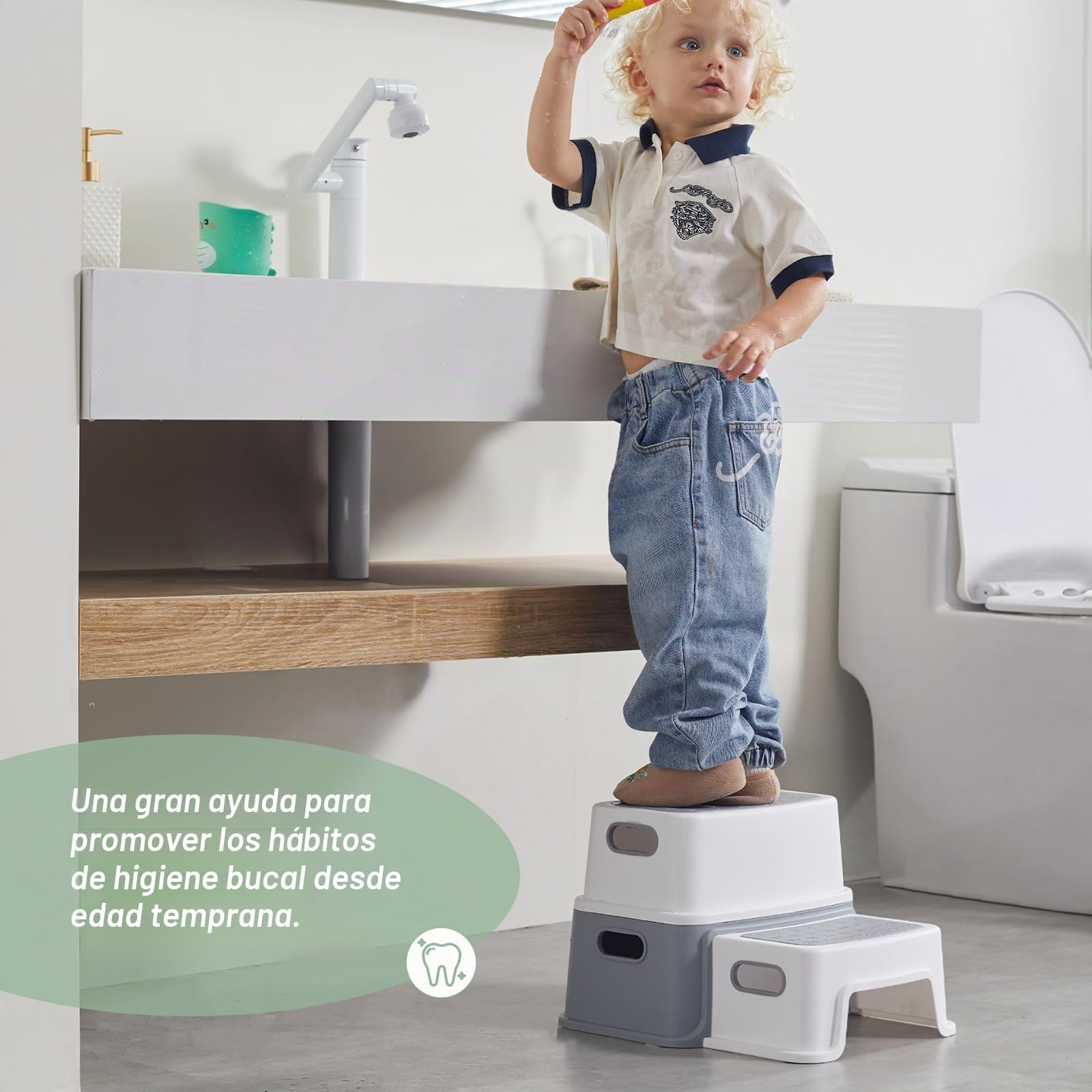 DEANIC Taburete Baño Niños Escalon Infantil 2 Peldaños 30x37.5x25cm Antideslizante Gris