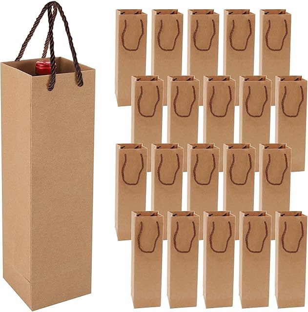 xocome Kraft Paper Wine Gift Bags, Premium Wine Gift Bags with Handles, 20 PCS Kraft Paper Wine Storage Bag for Christmas, Wedding, Party (Brown)