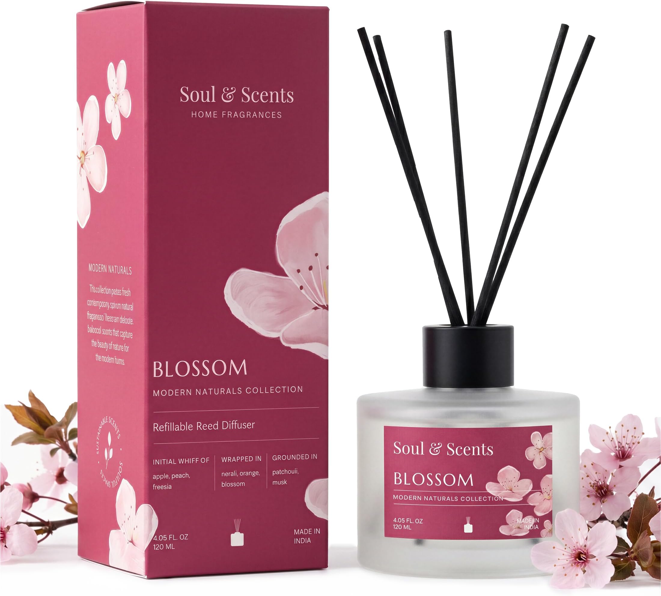 Soul & Scents 120Ml Blossom Reed Diffuser Set | Free 6 Fiber Reed Sticks | Toxin Free & Stress Relief | Long Lasting | Smoke Less Room Freshener for Home, Bedroom, Living Room & Office