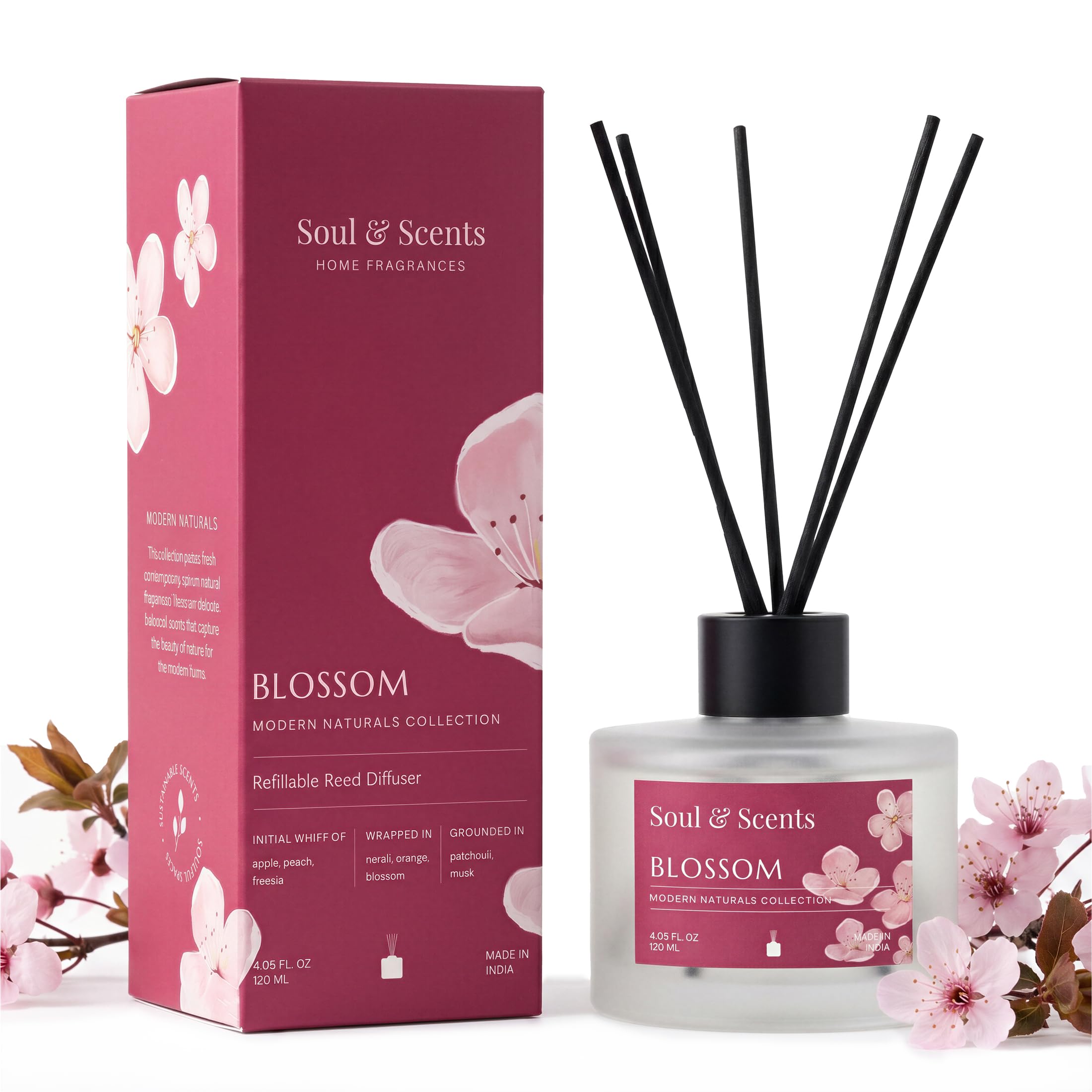 Soul & Scents 120Ml Blossom Reed Diffuser Set | Free 6 Fiber Reed Sticks | Toxin Free & Stress Relief | Long Lasting | Smoke Less Room Freshener for Home, Bedroom, Living Room & Office