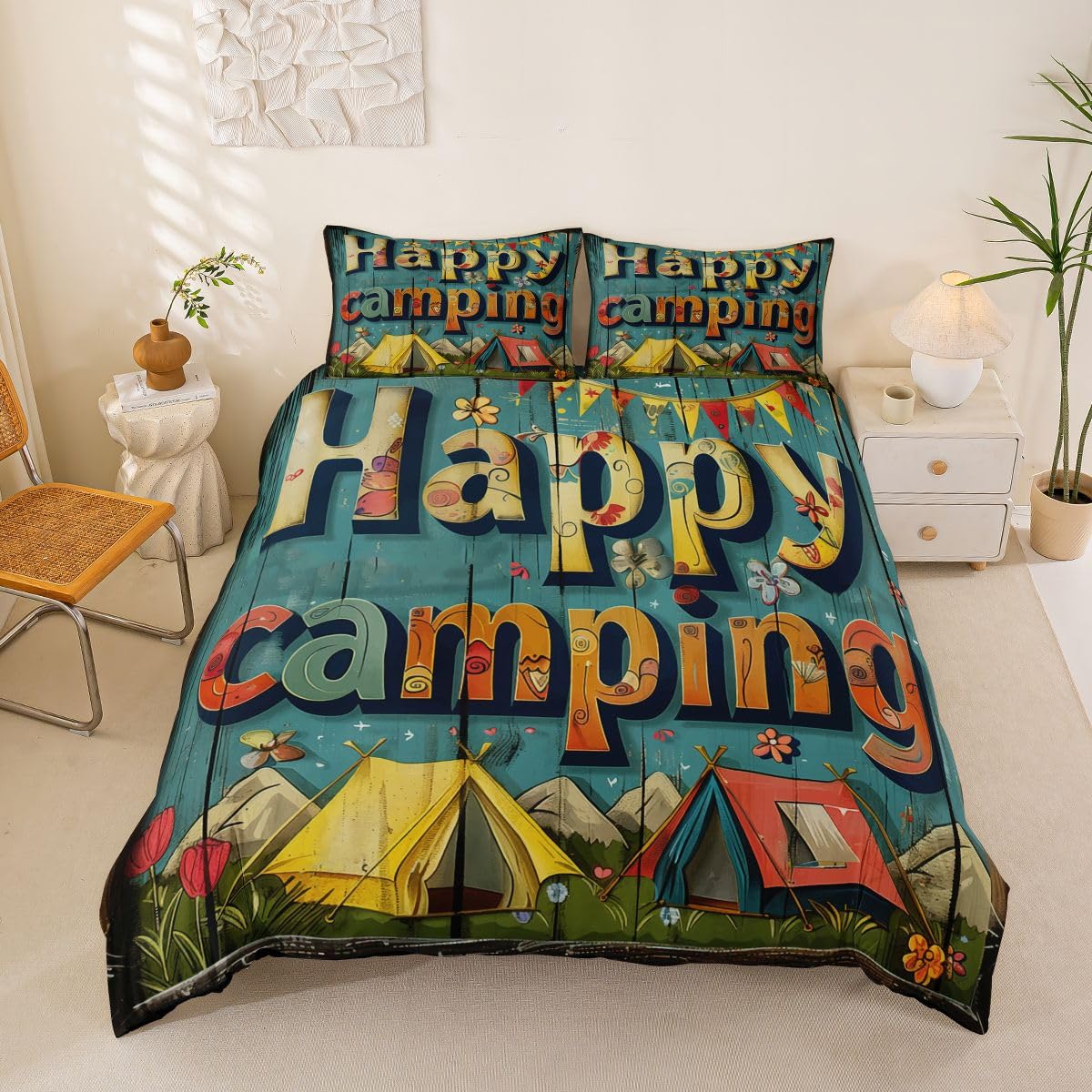 Homemissing Happy Camping Duvet Cover Set Super King Size Boys Girls Rustic Cabin Country Bedding Set Breathable Soft Camper Tent Duvet Cover 3Pcs Bedroom Decor โ image 1