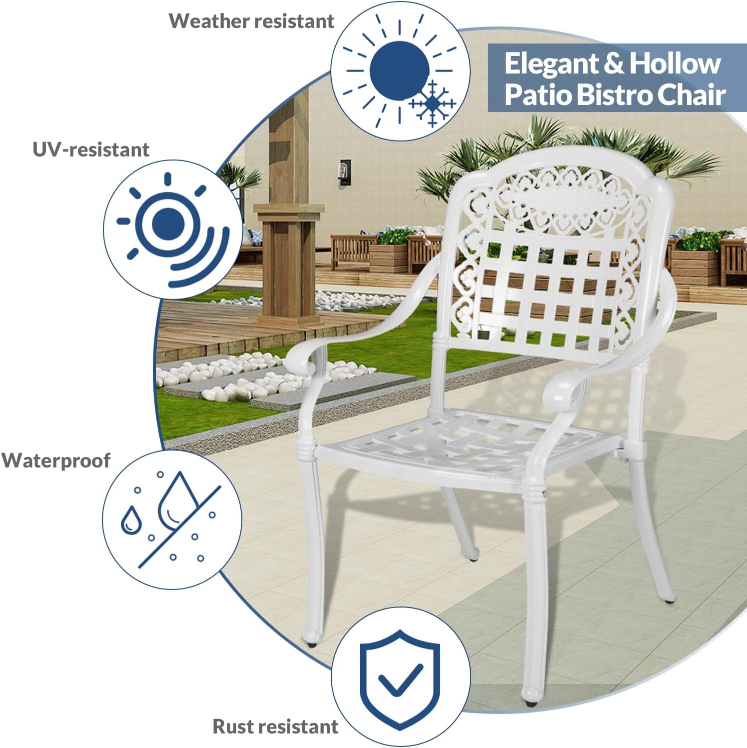 5-Piece Outdoor Patio Dining Set, All-Weather Cast Aluminum Furniture Conversation Set, Include 4 Cushioned Chairs and a 35.4” Square Table with Umbrella Hole for Balcony, Lawn, White