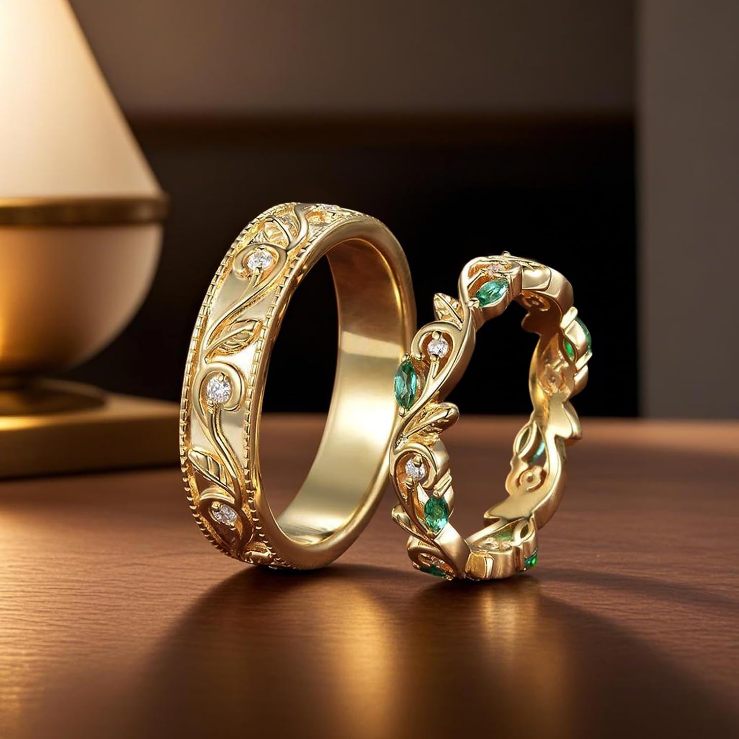 S925/10K/14K/18K Gold Wedding Rings for Couples, Vintage Floral Vine Leaf Emerald Couple Ring Set for Women and Men, Customized Matching Wedding Band Anniversary for Him and Her Free Engraving
