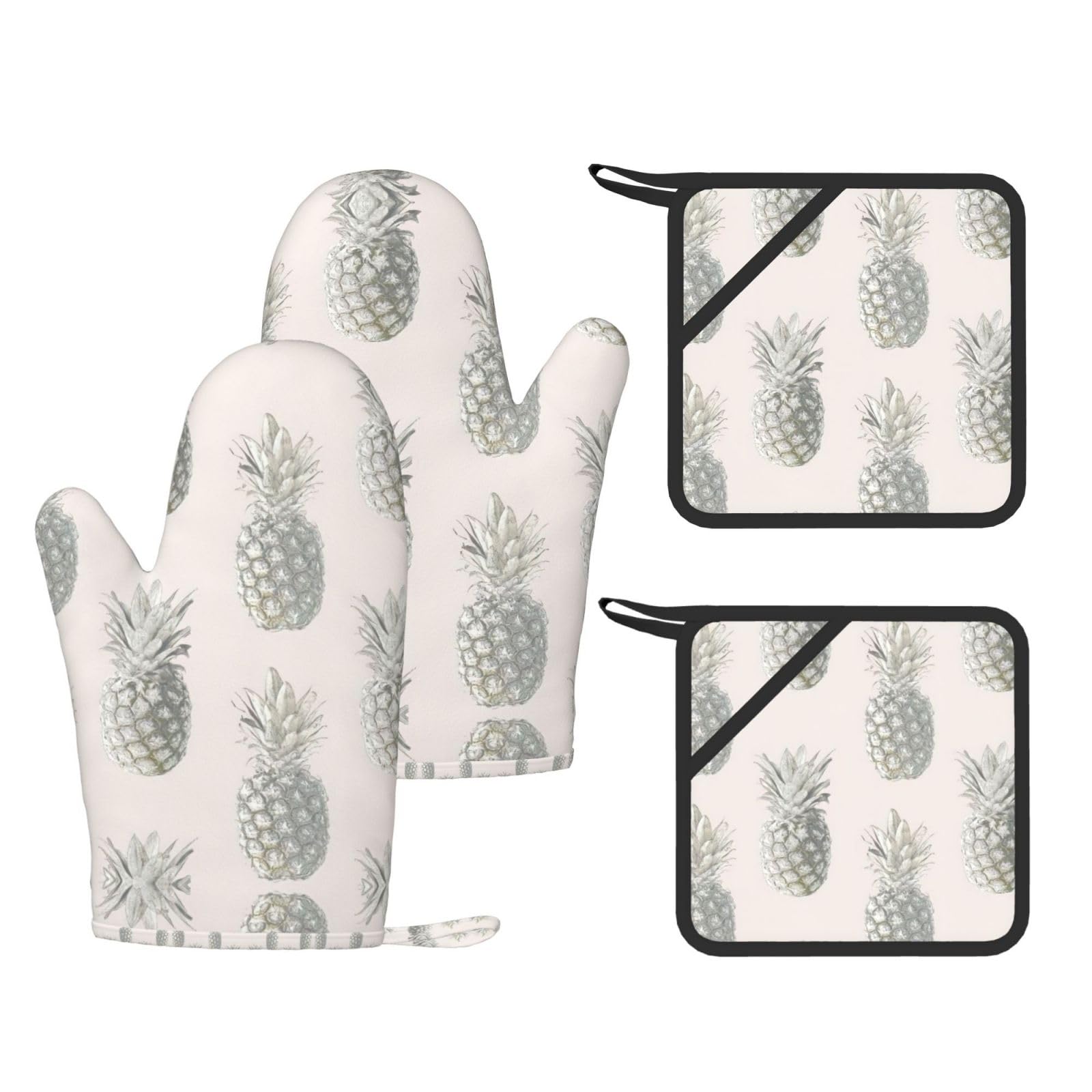 Lovely Pineapple Printed Oven Mitts and Pot Holders Set of 4, Heat Resistant Silicone Gloves for Baking Grilling