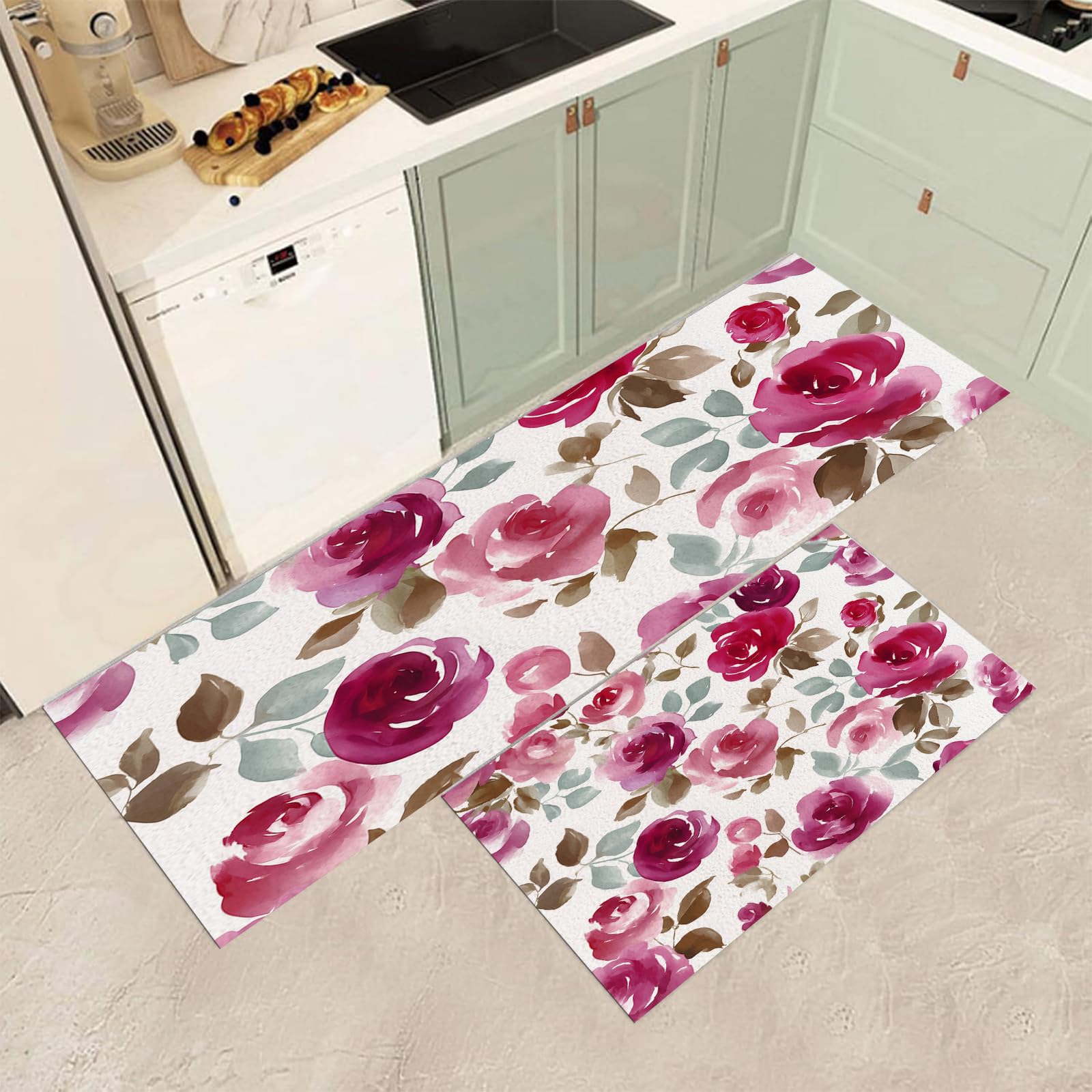 Alfombra de cocina pack de 2 acuarela rosa alfombrilla antideslizante lavable 40x60 40x120cm
