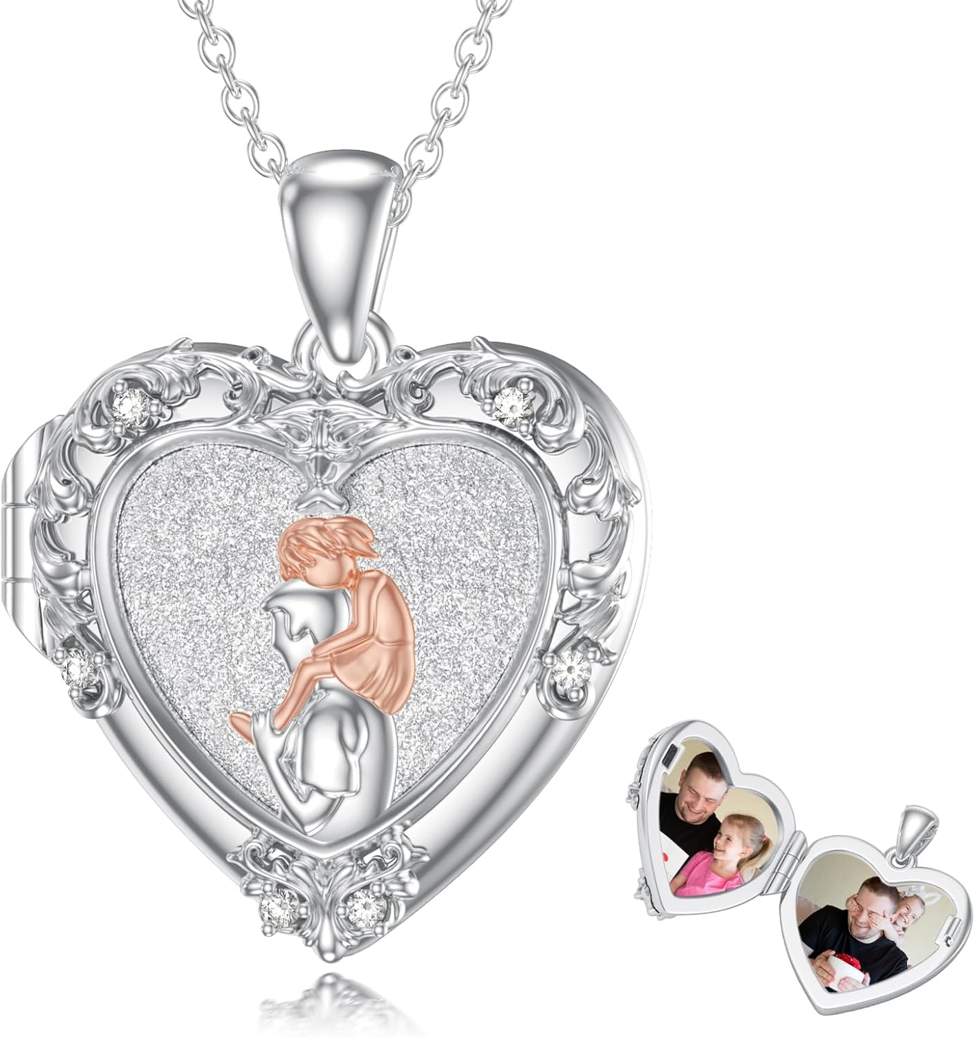 Diamond Father Daughter Locket Necklace for Women That Hold Pictures in 925 Sterling Silver Lab Grown Diamond Jewelry Gifts for Daughter from Dad