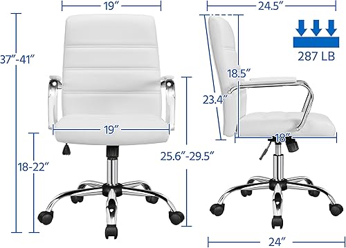 Miniatura 3 de Topeakmart Silla de oficina con respaldo medio Asiento Silla ejecutiva giratoria ajustable de cuero PU, color blanco