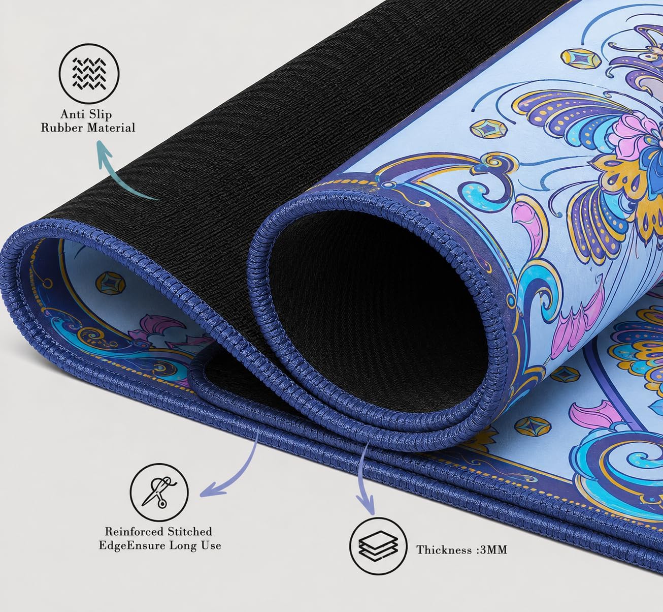 Mahjong Mat for Table, 31.5x31.5 American Mahjong Mat with Boho Mandala Butterfly Floral Design, Anti-Slip Neoprene Noise Reducing Table Cover with Bag for Mahjong, Poker & Board (Blue)