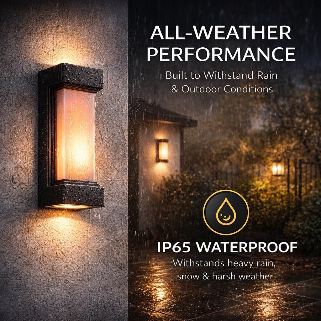 Modern Black LED Dynamic Flame Effect Wall Light, 12W Outdoor Wall Sconce, 3000K Warm White Up and Down Porch Light, IP65 Waterproof Aluminum Fixture for Entryway, Patio, Pathway