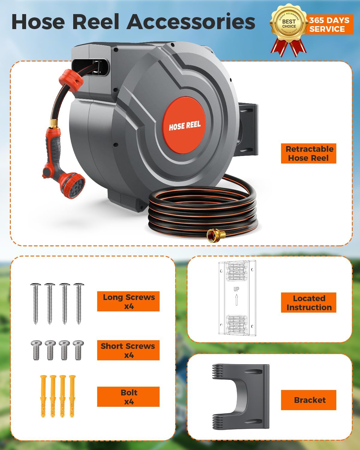Retractable Garden Hose Reel 130 FT 1/2 Inch 180° Swivel Automatic Slow Return Any Length Lock Hose Reels for Outside 9 Pattern Sprayer Nozzle UV Resistant