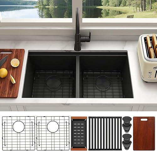 Vista 17 de Fregadero de cocina negro de montaje inferior de 27 x 16 pulgadas, fregadero de cocina de doble tazón 50/50, fregadero de acero inoxidable