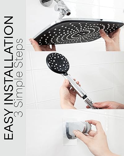 Miniatura 6 de Veken Cabezal de ducha de lluvia de alta presión de 12 pulgadas, cabezales de ducha con 5 modos de pulverización de mano, ducha amplia con manguera