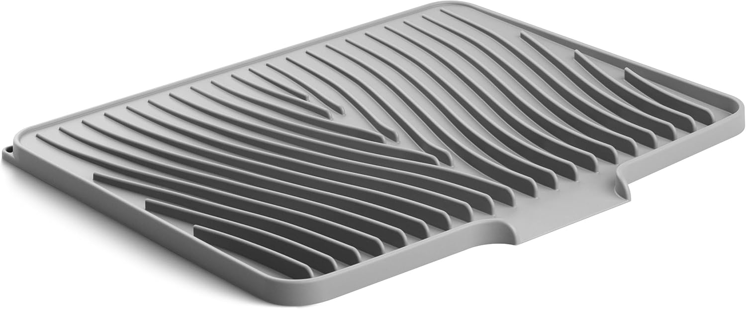 Fuyit Silicone Dish Drying Mat with Raised Drain Lip, Inclined Design, 16" x 13" Heat Resistant Non-Slip Mat for Kitchen Counter or Sink (Gray?