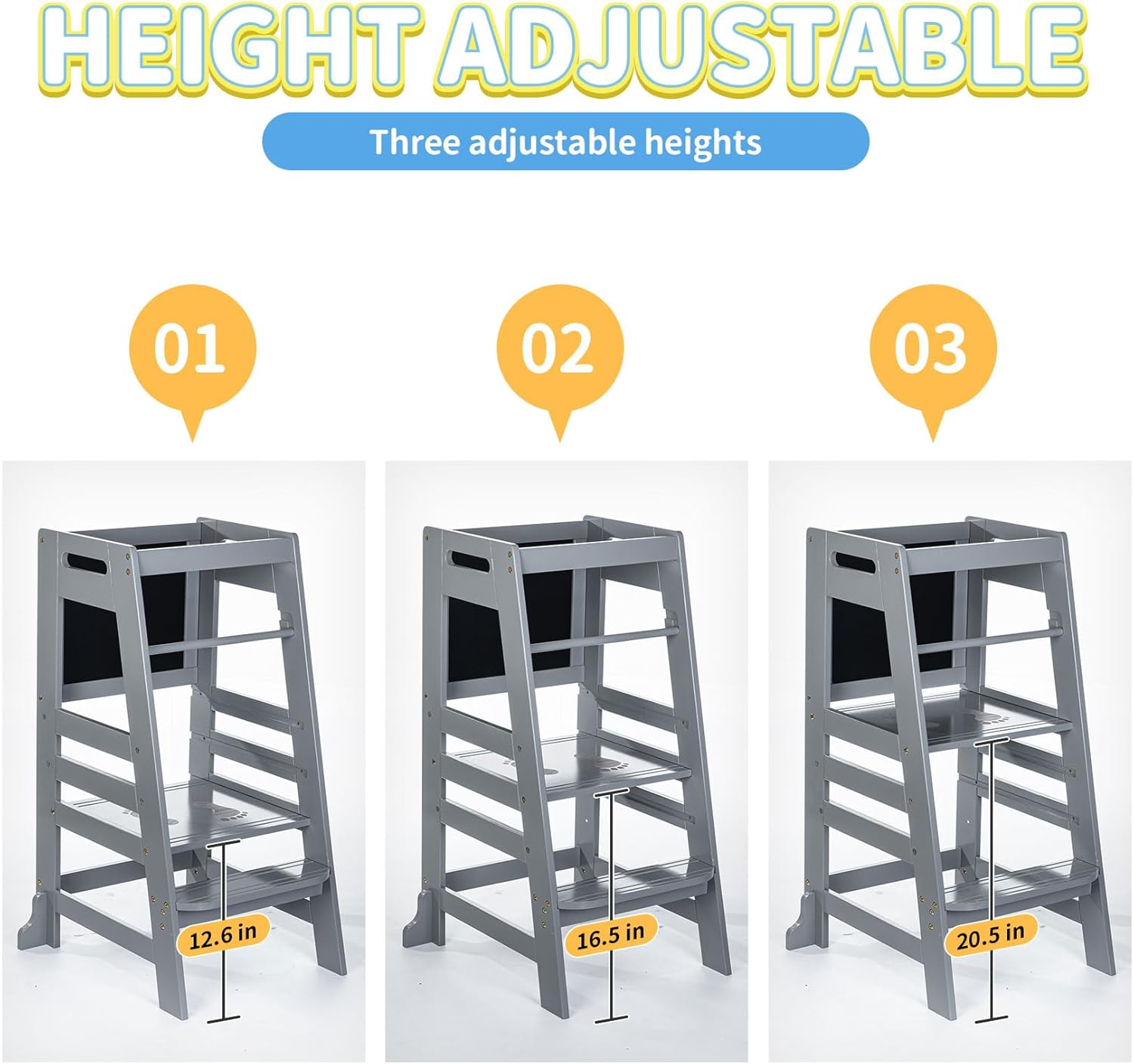 UNICOO Bamboo Adjustable Height Kids Kitchen Step Stool, Toddler Learning Tower & Helper Stool for Bathroom, Kitchen Counter - Designed for Toddler's Growth and Independence (P042-Grey)