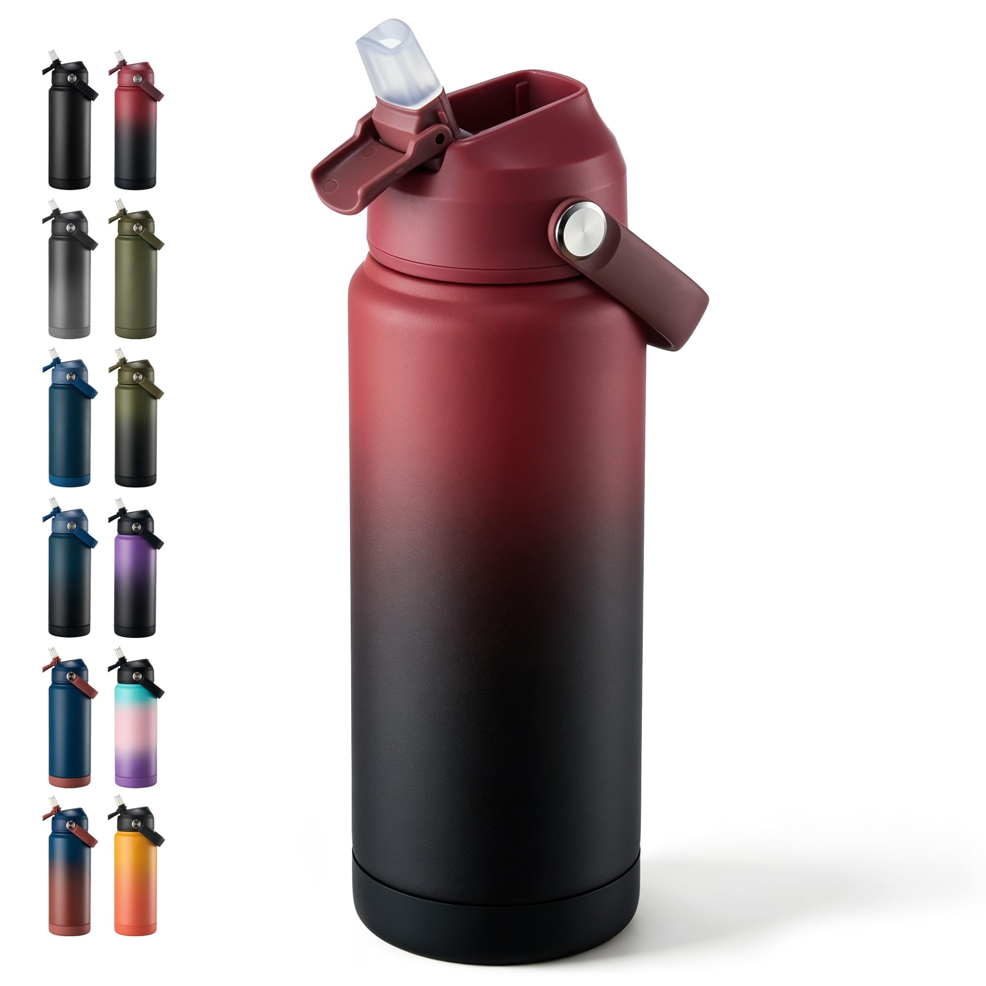 Fijinhom 24 oz Insulated Water Bottle with Straw Lid, Stainless Steel Water Bottles, Double Wall Vacuum, Portable Handle &amp; Non-slip Bottom, BPA Free Leak Proof Metal Bottles, Keep Cold 24H, Red/Black