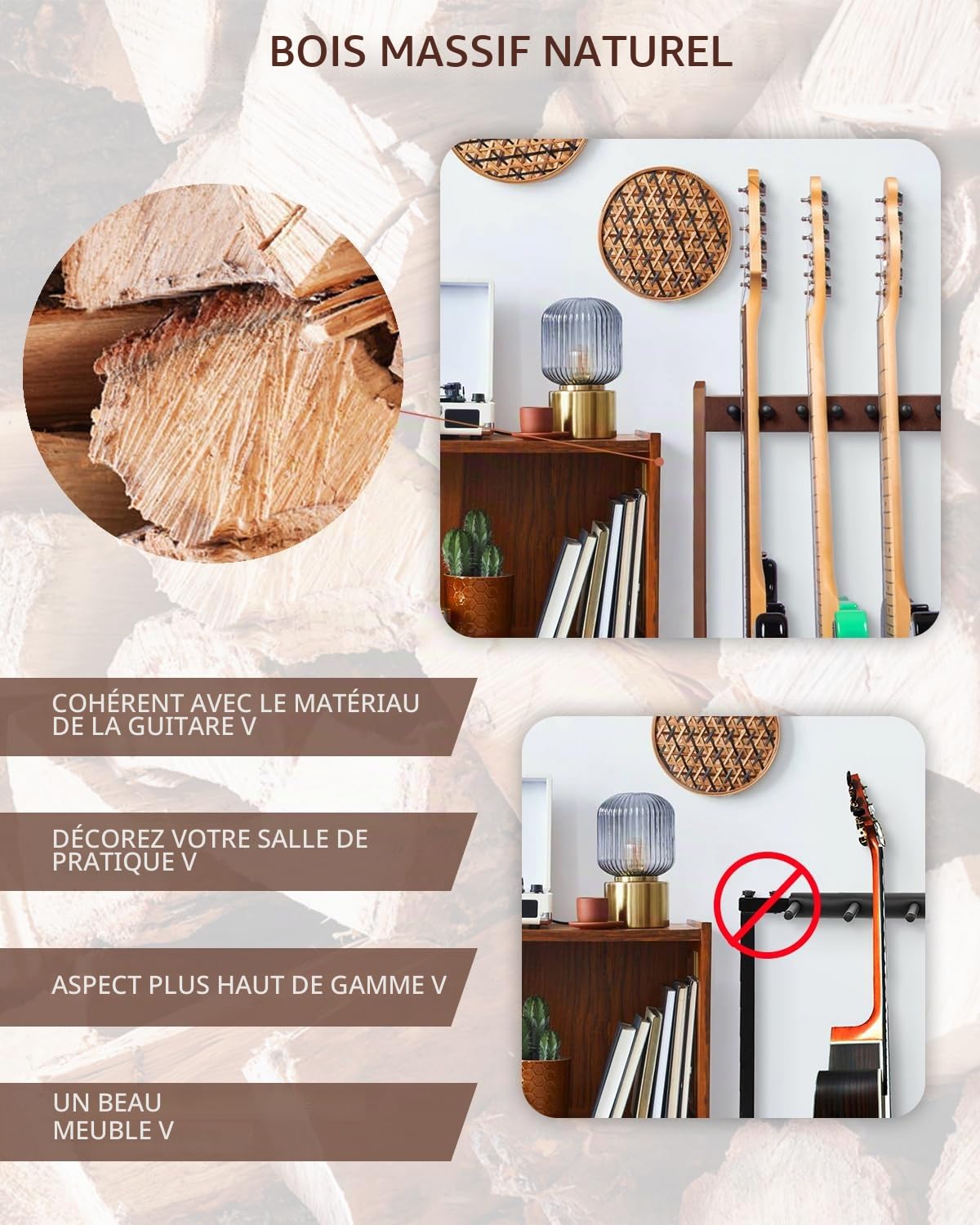 STRICH Support de guitare en bois pour 5 guitares acoustiques ou 8 guitares électriques et basses, support de sol pour plusieurs guitares pour studio et maison
