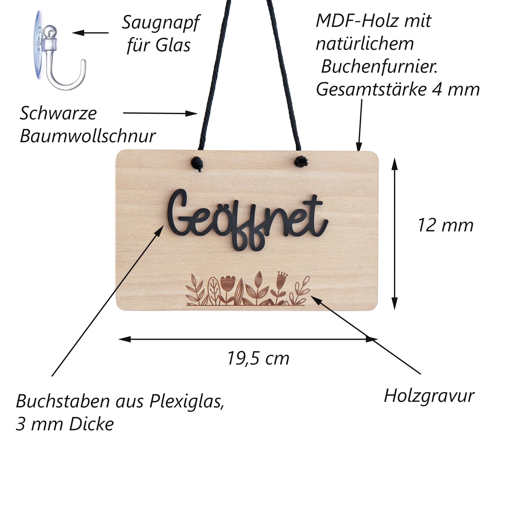 Offenes Schild für Geschäfte, Geschäfte, Geschäfte, Restaurants in Holz mit Saugnapf auf Deutsch