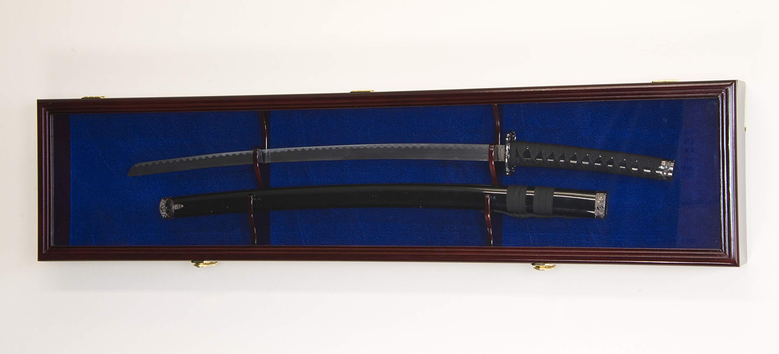 sfDisplay.com,LLC. Single Sword & Scabbard Display Case Cabinet Wall Rack Custom Colors - Lockable (Cherry Finish w/LED, Blue Felt Background)