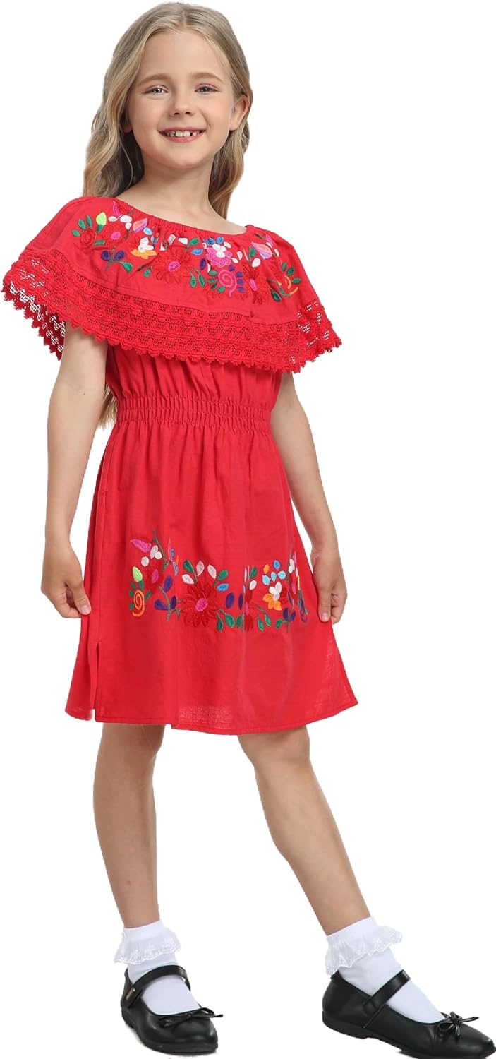 YZXDORWJ Mexican Embroidered Cinco de Mayo Dress for Girls - Kids Fiesta Floral Vestidos Girl's Traditional Dress