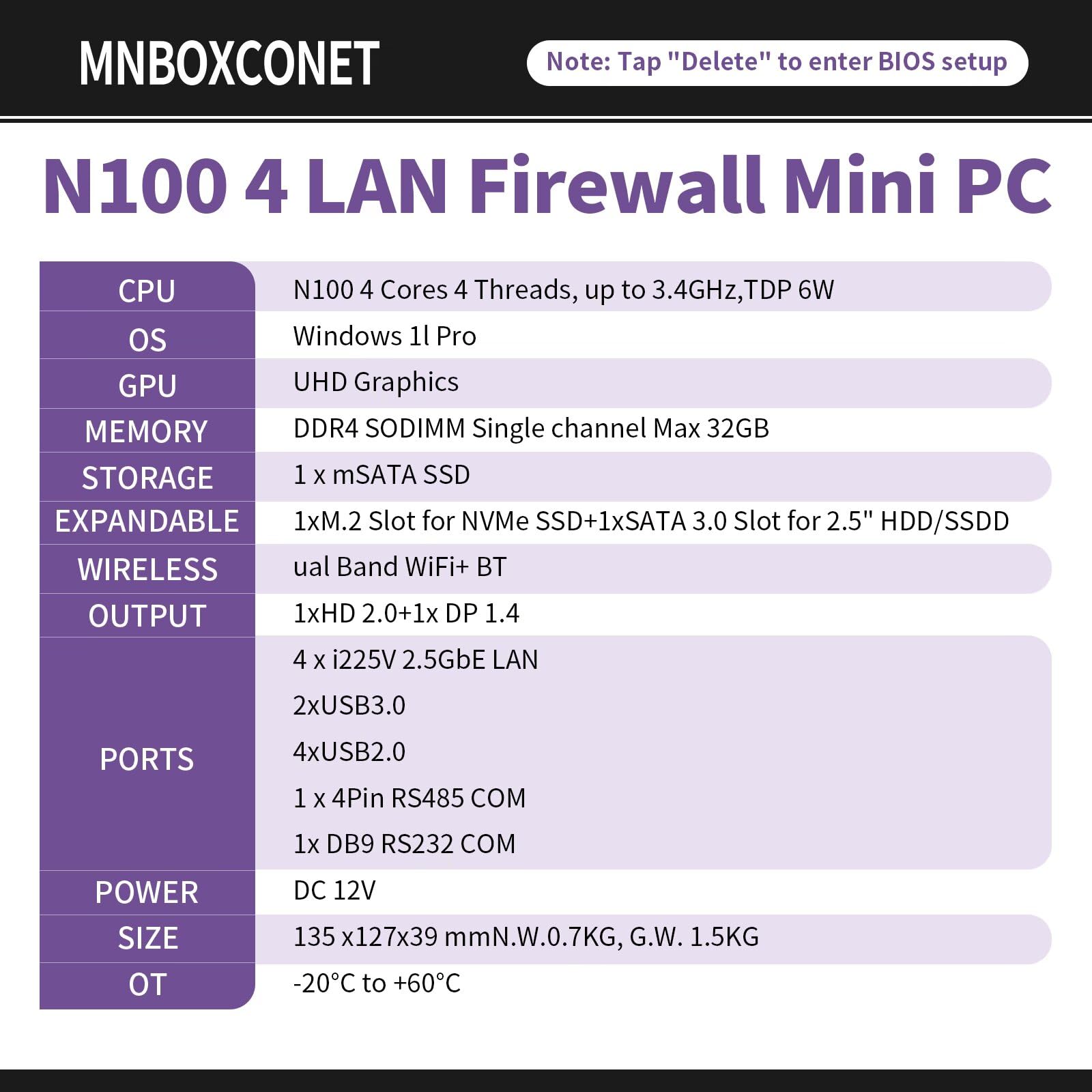 Firewall Mini PC N100 4 Lan, DDR4 4GB RAM 64GB SSD, Fanless Computer Micro Router Appliance Support Windows OPNsense, HD, DP, 6USB Port, 2COM, WiFi, BT4.2