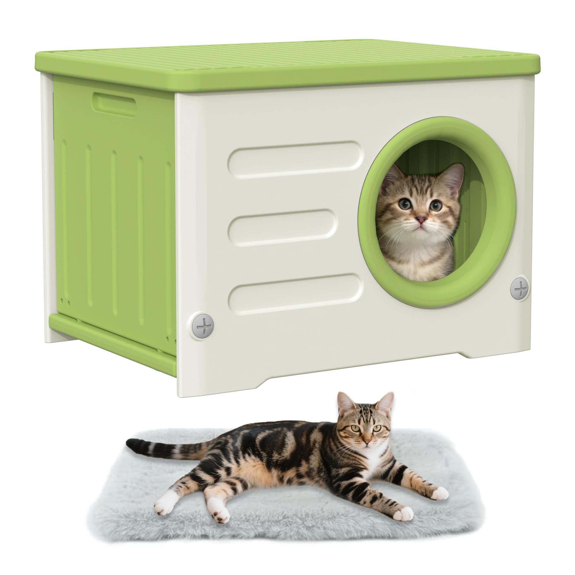 Outdoor Cat House-Weatherproof Heavy-Duty & Sturdy Feral Cat Shelter, Insulated Elevated Stackable Plastic Cave for Outdoor/Indoor Use with Cushion (
