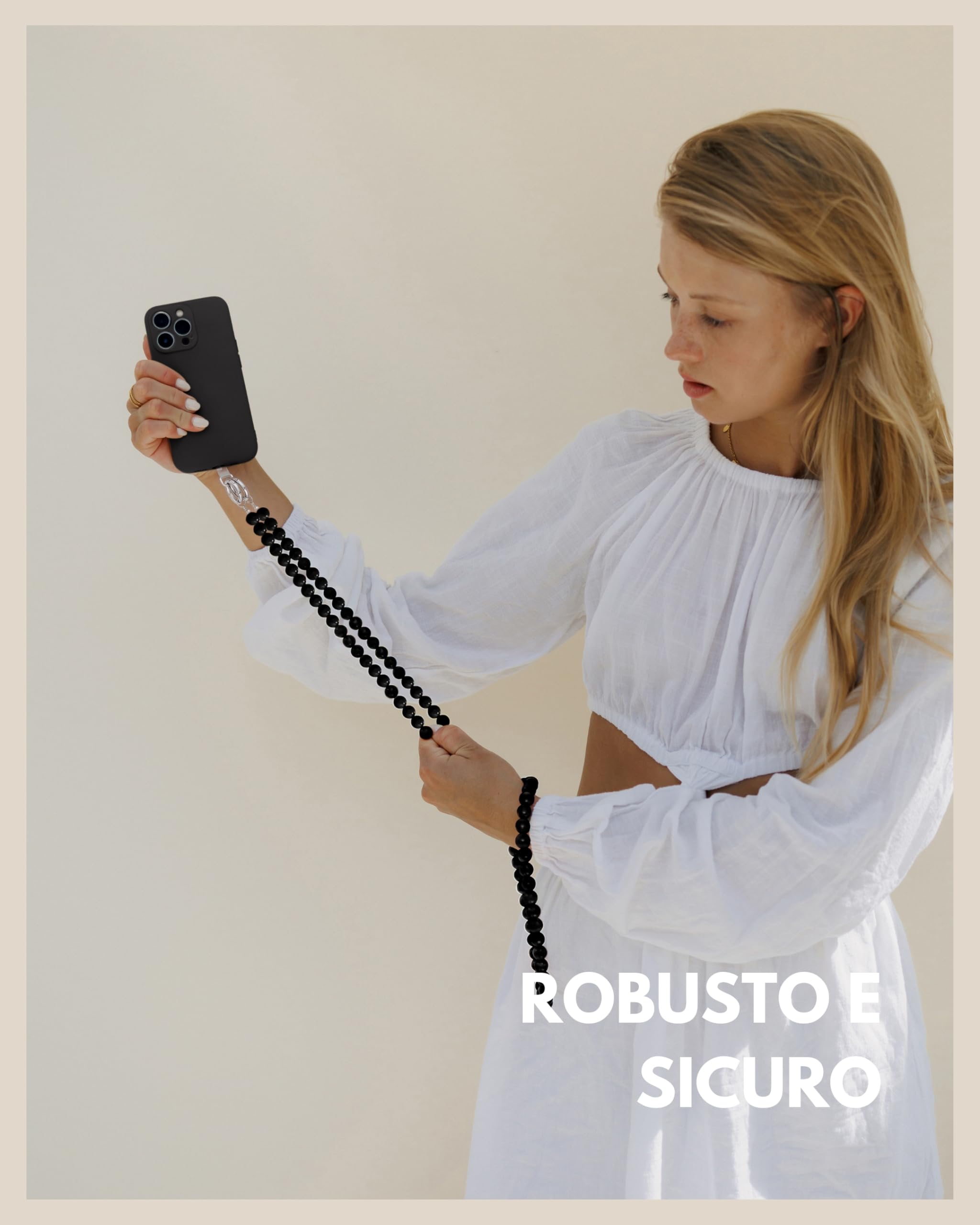 GD GOOD.designs Catena per cellulare con perline - Cinghia universale con patch per ogni custodia per cellulare | Cinghia per cellulare da indossare (lunghezza 130 cm)