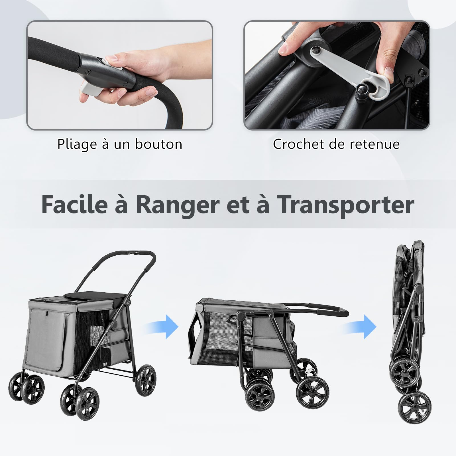 GYMAX Poussette Pliable pour Chien Chat, Transporteur pour Animaux de Compagnie avec 4 Roues et Frein & Portes Avant et Arrière & 3 Poches de Rangement, Charge 40 kg(Gris)