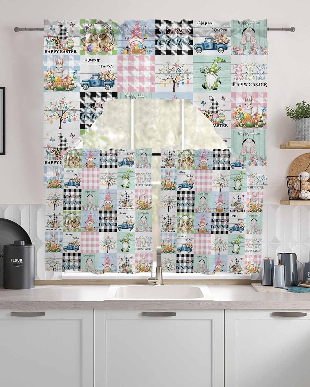 Easter Bunny Swag Kitchen Curtain Sets with Valance,3 Pieces Rod Pocket Curtain Drapes for Bedroom Living Room Bathroom Cafe Windows,Basket Eggs Gnomes Farm Truck Plaid 56''x36'' & 24''x27.5''x2Panels