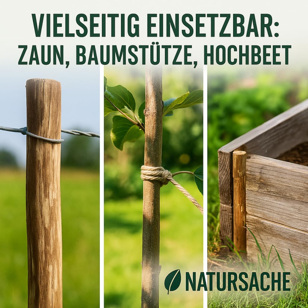 Natursache Haselnuss Holzpfosten Set, 5-teilig, Angespitzte Rundpfähle für Staketenzaun, Bauernzaun, Gartenzaun (5 Stk., 150 cm)