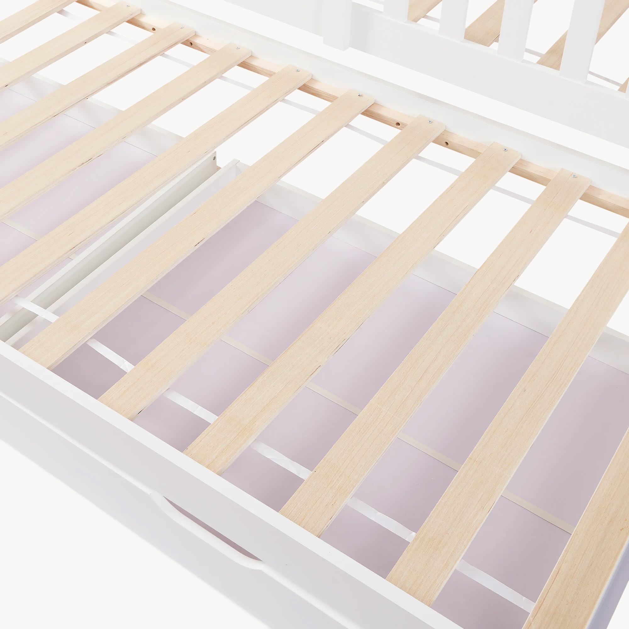 [en.casa] Letto per Cameretta a Forma di Casetta con Letto Estraibile Struttura in Legno di Pino a 2 Piazze con Barriera Anticaduta e 2 Cassetti 90x200 cm - Bianco