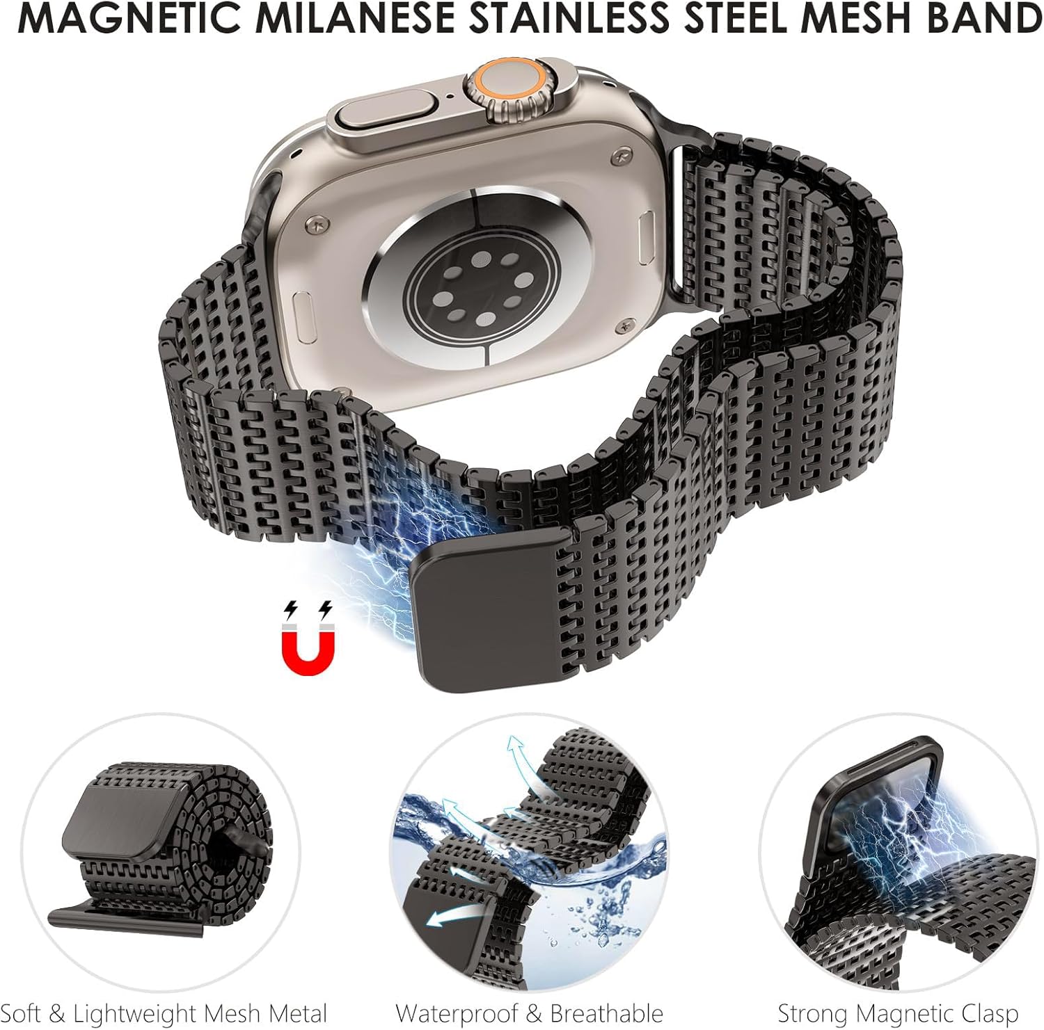 WINGLE Magnetic Mesh Loop for Apple Watch Band Ultra 3/2/1 Band 49mm 46mm 45mm 44mm 42mm 40mm 41mm 38mm Men Women, Stainless Steel Adjustable Metal Strap for iWatch Series 11 10 9 8 7 6 5 4 3 2 1 SE - Image 2
