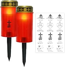 Set of 2 LED Grave Lights Red with Ground Spike, Grave Candles LED, Grave Lantern Cemetery Weatherproof, Grave Light with Candle Tattoos, LED Christening Candle, LED Grave Lights for Outdoors,