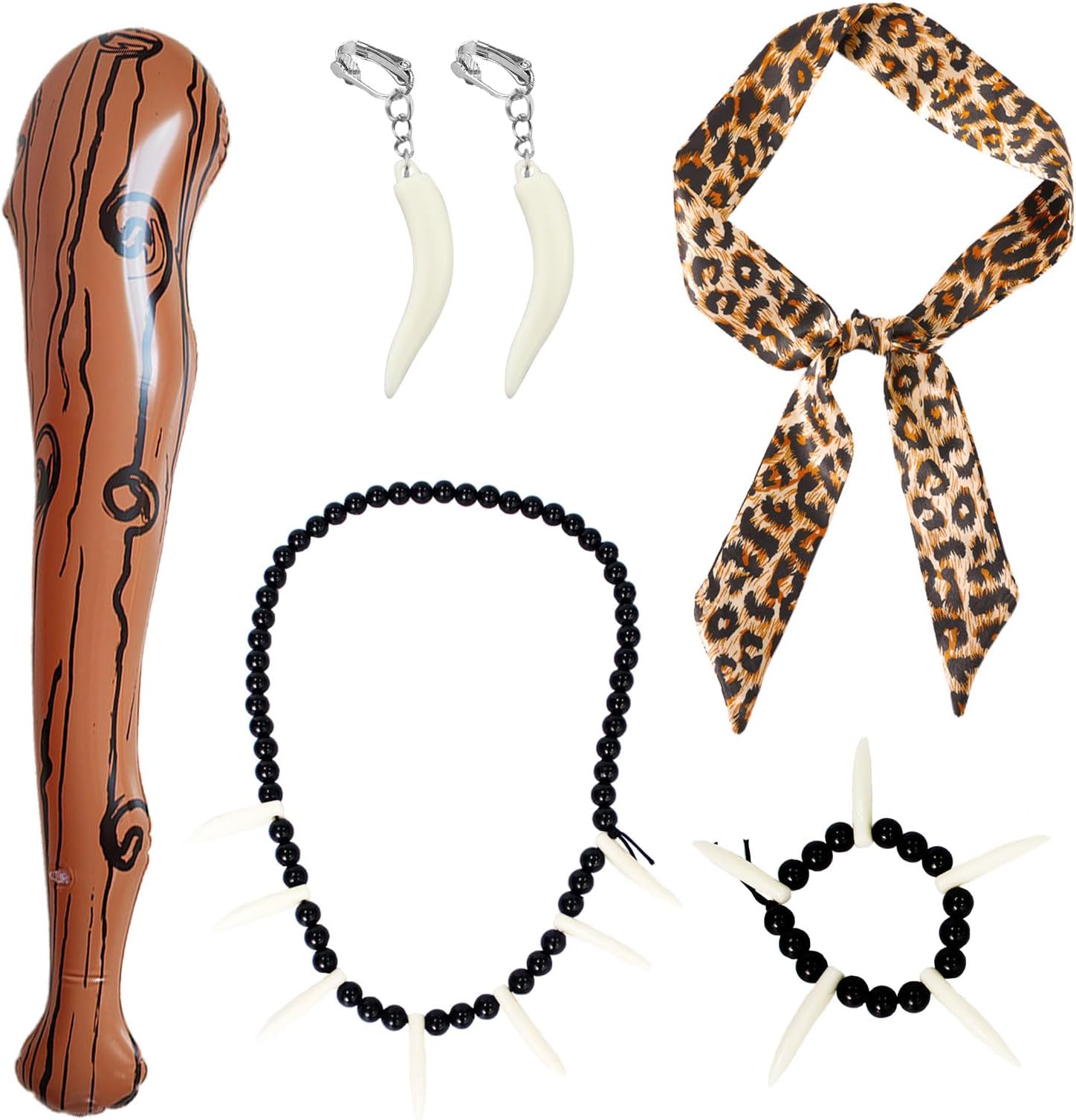 EUPSIIU 5 Pieces Wild Caveman Costumes Inflatable Mace Leopard Headband Ivory Bracelet necklace Earrings Cave Costume accessories Prop Caveman Stick for Stone age Halloween Costumes