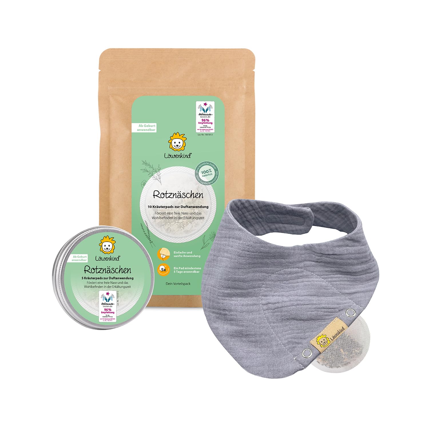 LÖWENKIND Rotznäschen-Set für die Erkältungszeit bei Babys und Kindern | Natürliche Kräuterpads ohne Zusatz ätherischer Öle Ab Geburt anwendbar Von Hebammen empfohlen 75 Tage Anwendung (Grau)