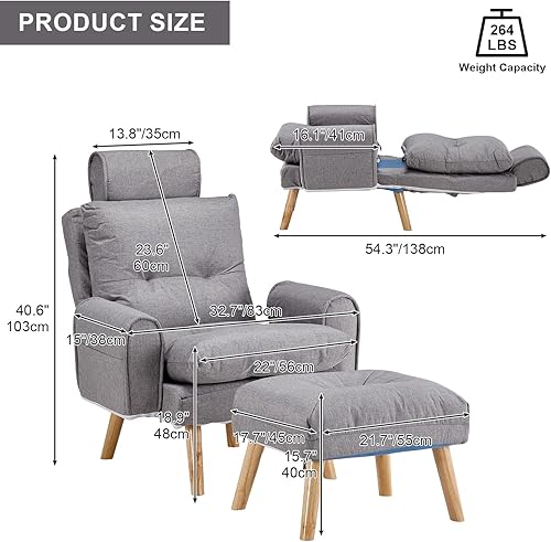 Miniatura 2 de TUKAILAi Silla decorativa moderna con otomana, sillón tapizado de tela de lino con respaldo ajustable, cómodo sofá con reposapiés para sala de estar