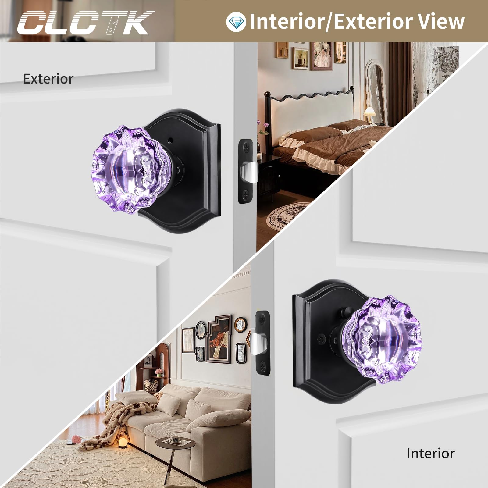 Purple Glass Door Knobs - Matte Black & Lock -5