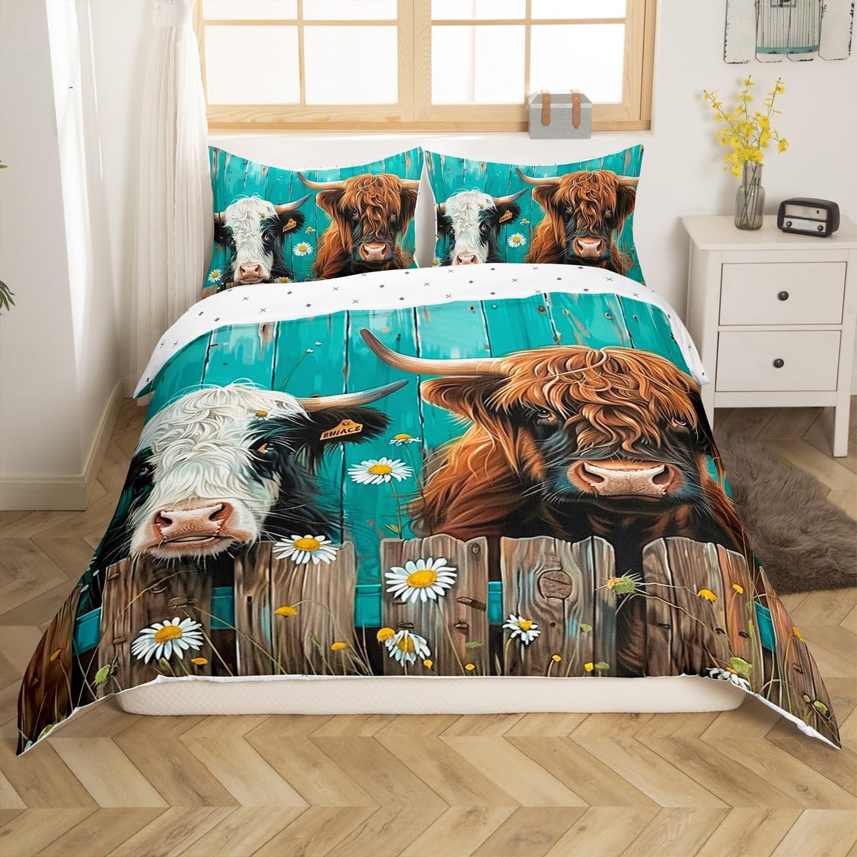 Homemissing Highland Cow Bedding Set Cot Size Cow Bedding Duvet Cover Set For Boys Teens Decor Highland Cattle Comforter Cover Set Farmhouse Decor Bedspread Cover Bedroom Wooden Quilt Cover 3Pcs