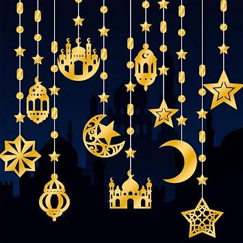 14Pcs Gold Star Moon Lantern Ramadan Decorations | 1m Eid Garlands Wall Decors, Eid Mubarak Banner Celling Decorations Hanging for Islamic Birthday Party Hanging Sign Supplies