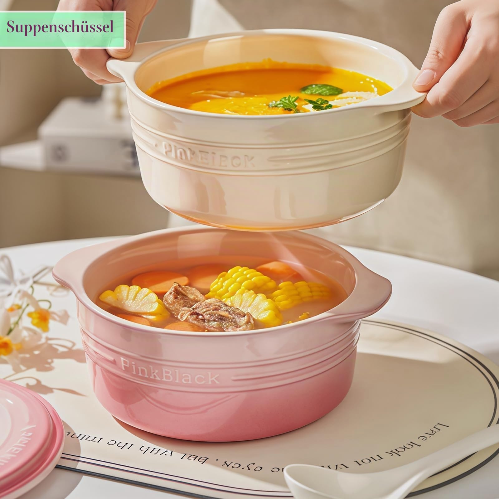 Große Suppenschüssel mit Griffen und Deckel, 1800 ml Ramenschüssel für Instant-Nudeln, mikrowellengeeignet