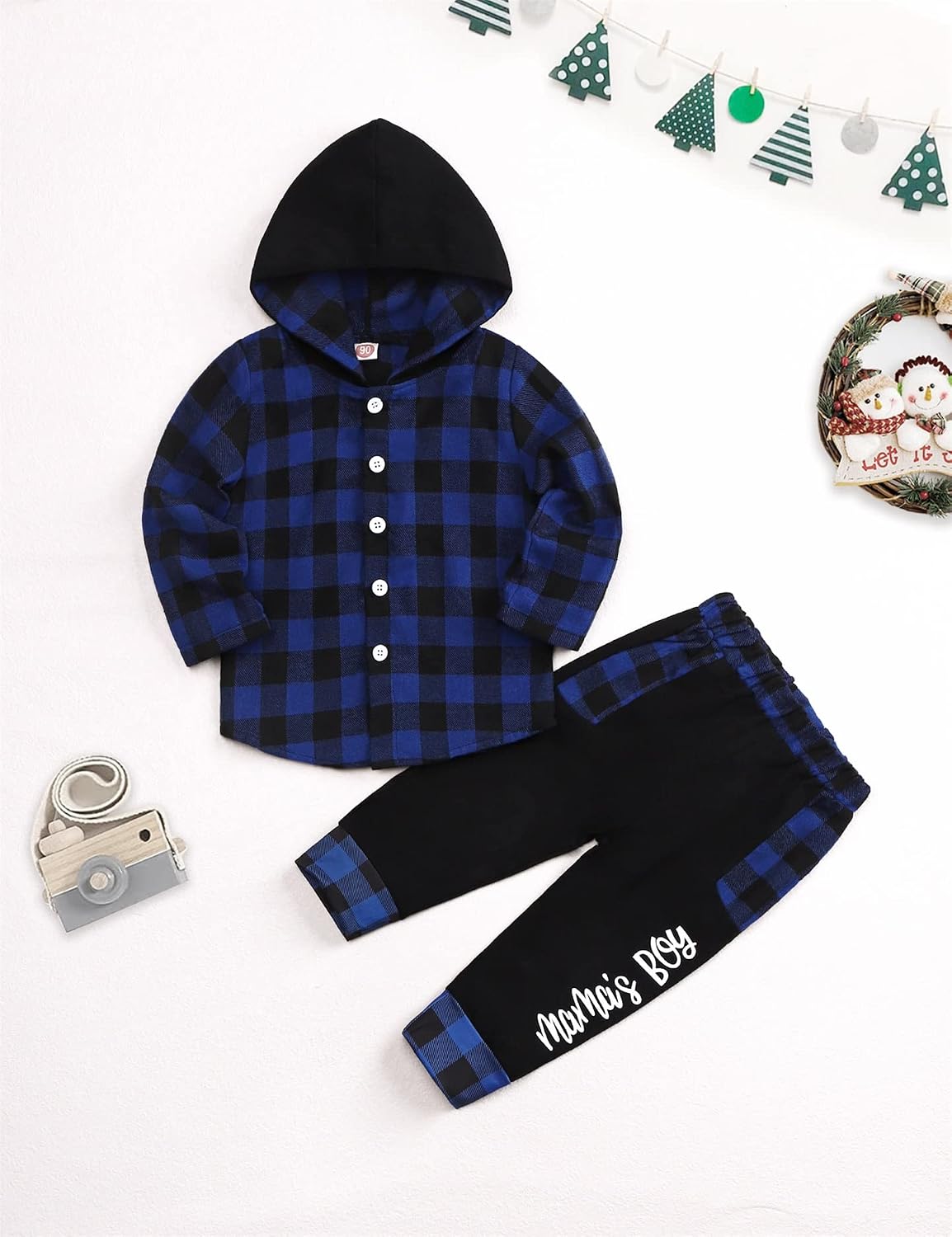 Axumity Toddler Baby Boys Clothes Plaid Button Down Hooded Shirt + Sweatpants Fall Winter Outfits Set