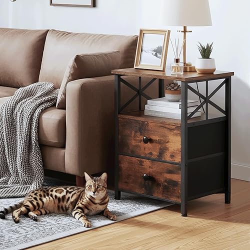 Miniatura 6 de AMHANCIBLE Mesa auxiliar para sala de estar con estación de carga, mesa auxiliar con cajón de tela, mesa auxiliar pequeña con puertos USB y salidas