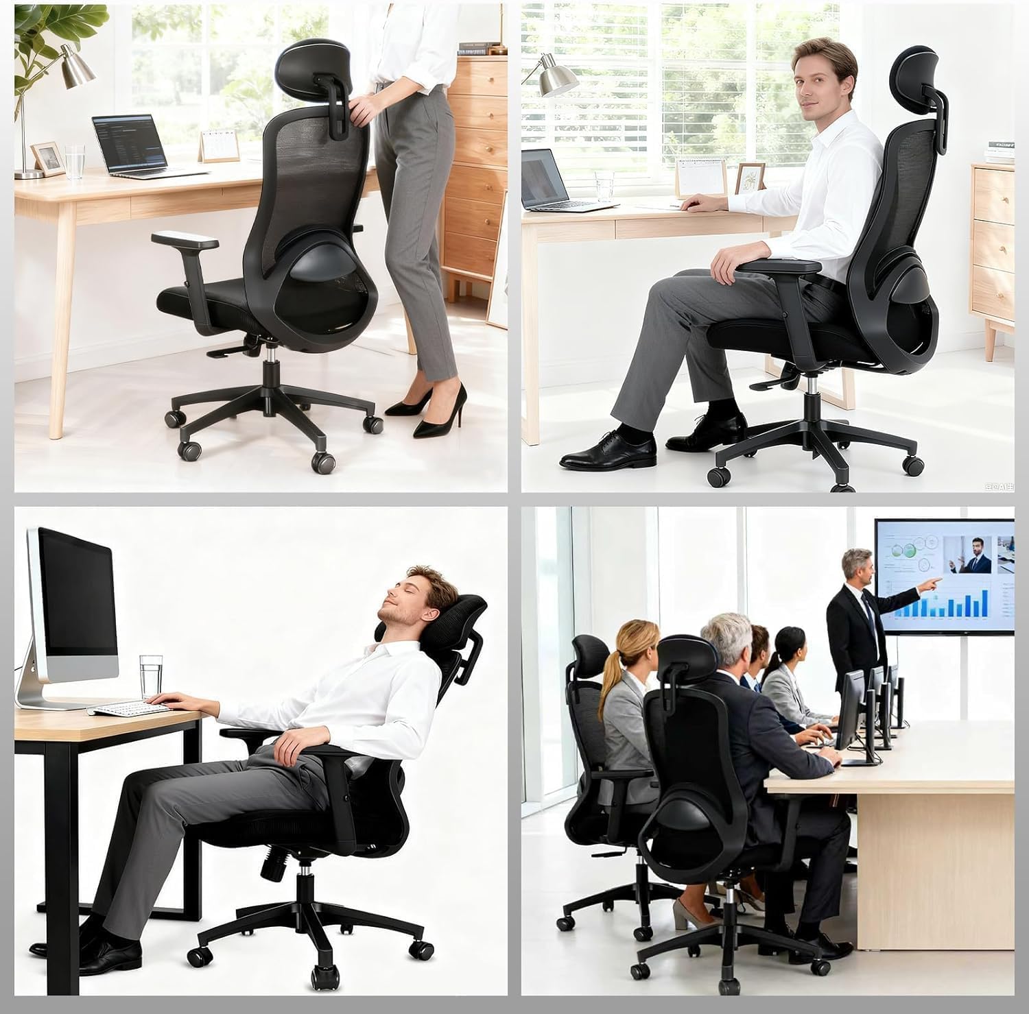 Milacyee Bürostuhl, Ergonomischer Bürostuhl mit Verstellbarer 4D Lendenwirbelstütze, Schreibtischstuhl mit Kopfstütze, Drehstuhl mit 90°-130° Liegefunktion (Abschließbar), Netzstuhl bis 150KG, Schwarz