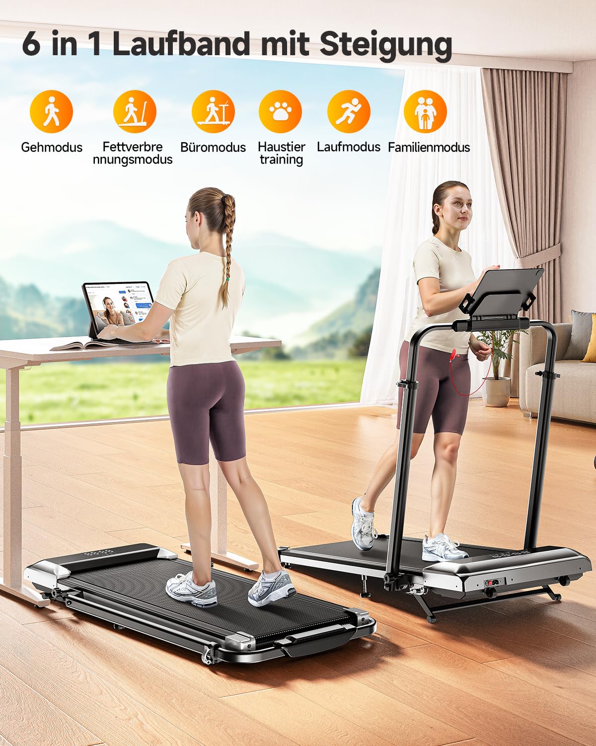 Laufband für Zuhause mit 12% Steigung, 12km/h, 6 in 1 Walking Pad, Klappbar Laufband mit 1150MM Einziehbares Steigrohr, 95°/105° Drehbarer Steigrohr, 2.5HP Leiser Motor, Fernbedienung und App