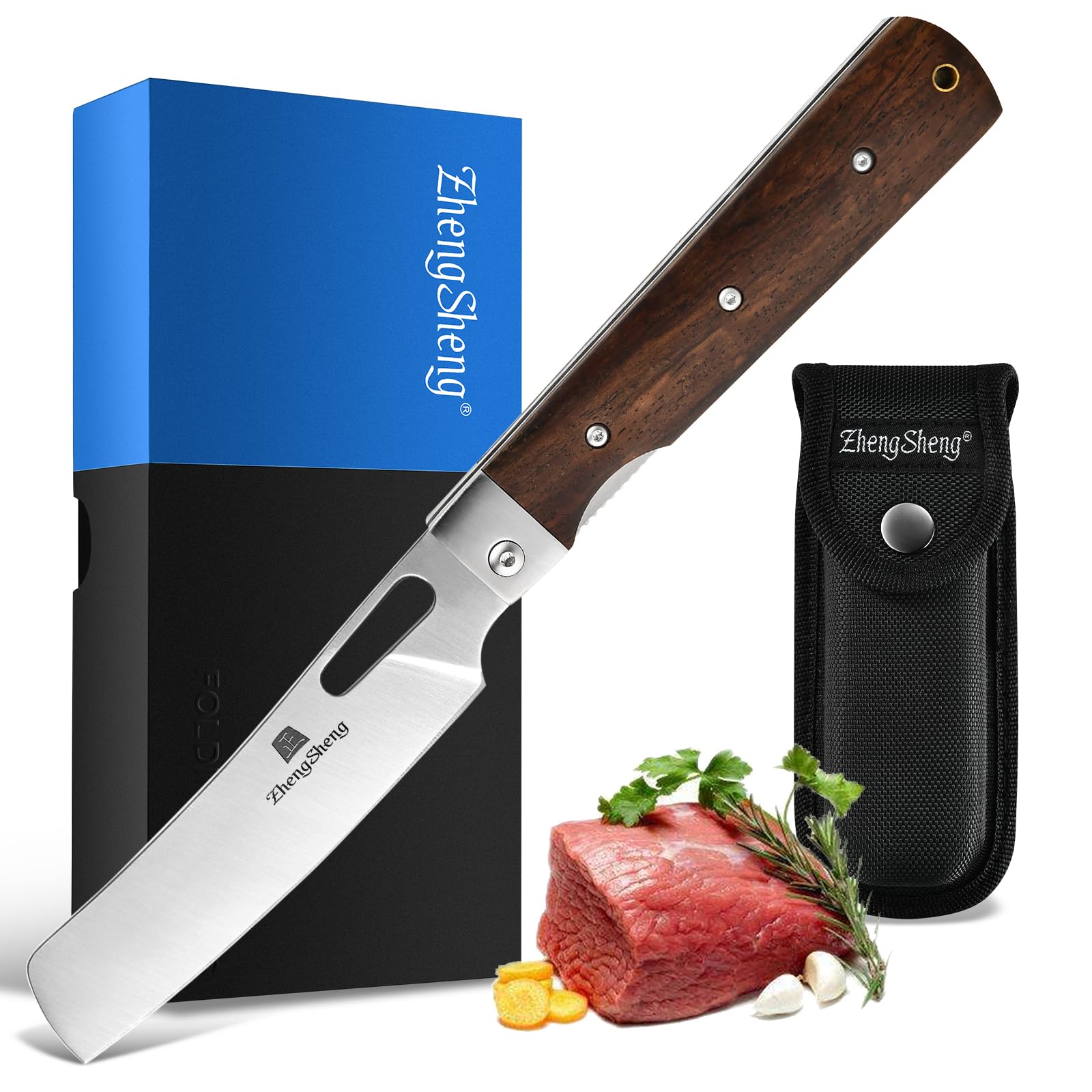 ZhengSheng Folding Chef Knife with Nylon Pouch 4.8" Sharp 440A Stainless Steel Blade Wooden Handle Pocket Foldable Japanese Style Kitchen Knife for Outdoor Camping Cooking