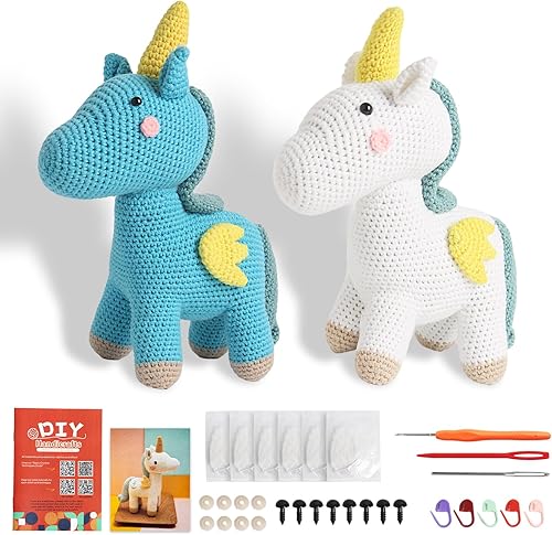 Geirleif Kit de 2 piezas de ganchillo de unicornio para principiantes, kit de manualidades todo incluido con tutoriales en video, regalo hecho a