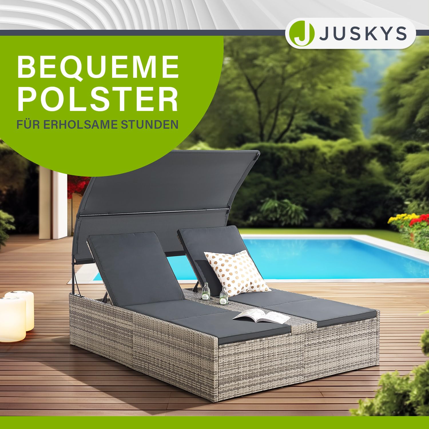 Juskys Polyrattan Doppelliege Syros - Garten Sonnenliege für 2 Personen - Outdoor Liege mit Dach & Auflagen - Kopfteil verstellbar - Grau-meliert
