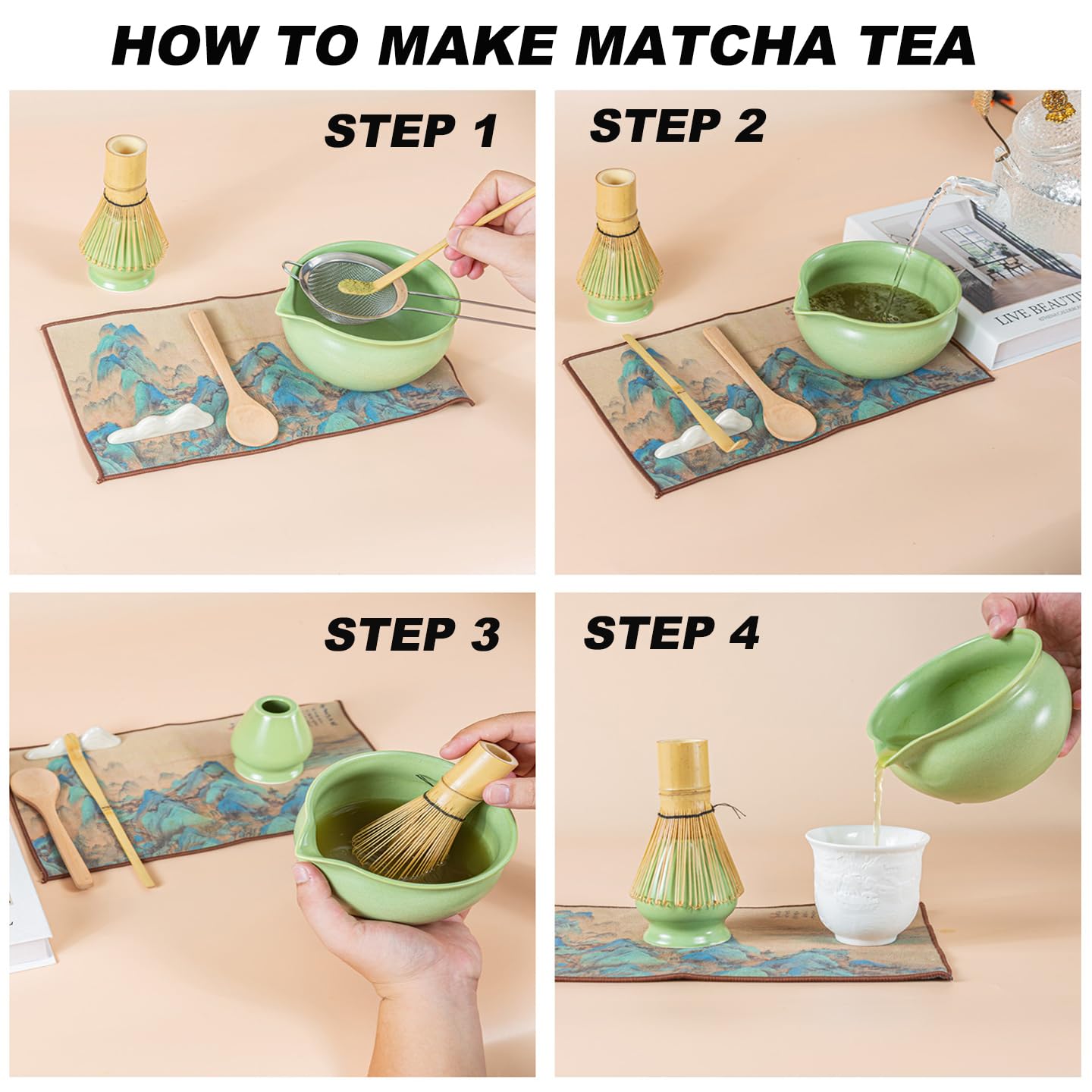 Matcha Kit,7 Pièces Matcha Set,Fouet Matcha,Bol Matcha,Cuillere Matcha,Tamis Matcha,Support Fouet Matcha,Coffret Matcha pour Matcha Accessoire