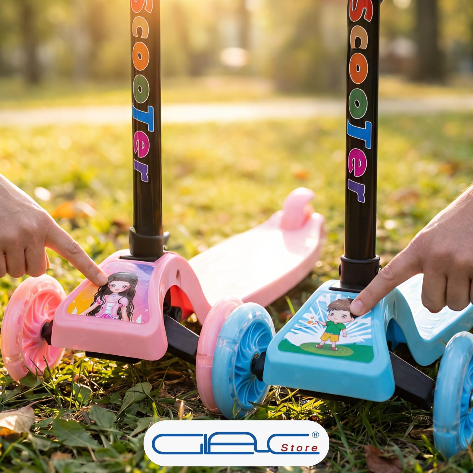 Monopattino per Bambini 3+, 3 Ruote con Luci LED, Manubrio Regolabile 52-72 cm, Design Coccinella, Rosa o Azzurro